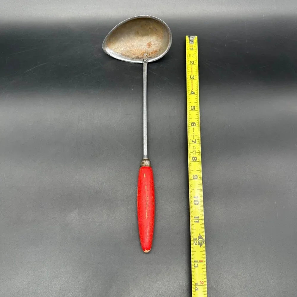 Vintage Ladle Spoon Dipper Red Wooden Handle Rustic Kitchen 1950s Retro Mid Cent